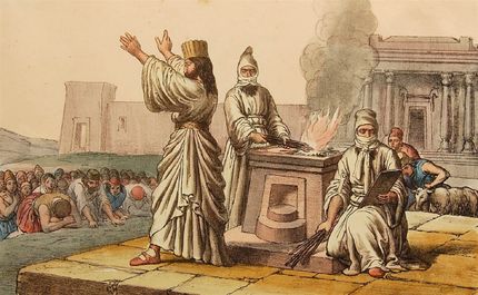 Persian Magi and Zoroastrian priests at an external fire altar at Persepolis.