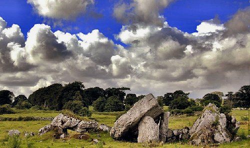 Roscommon - megalithic site in Mihanboy is a ruined portal-tomb, originally supported on portals 2.3 metres high, whose backstone has collapsed - thus causing the roof-stone to slide back, taking the door-stone with it.